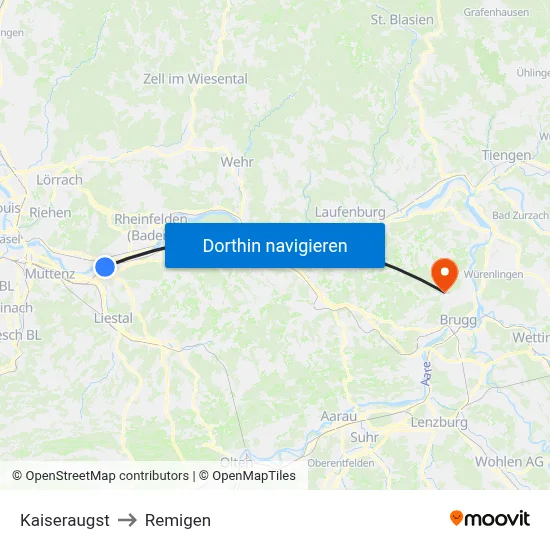 Kaiseraugst to Remigen map