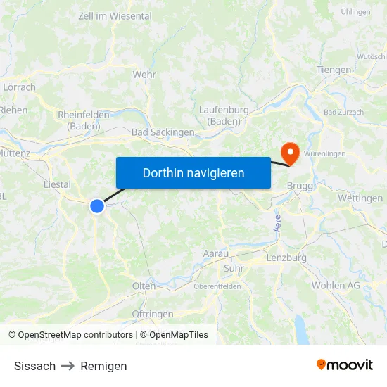 Sissach to Remigen map