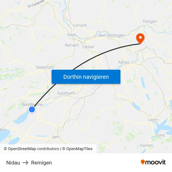 Nidau to Remigen map