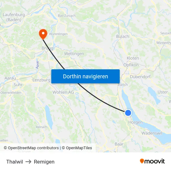 Thalwil to Remigen map