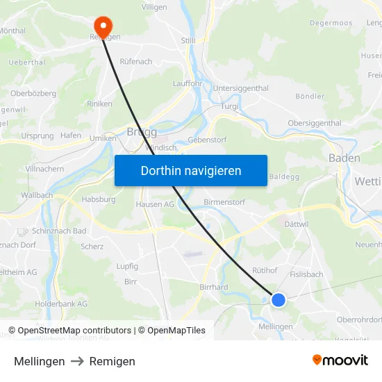 Mellingen to Remigen map