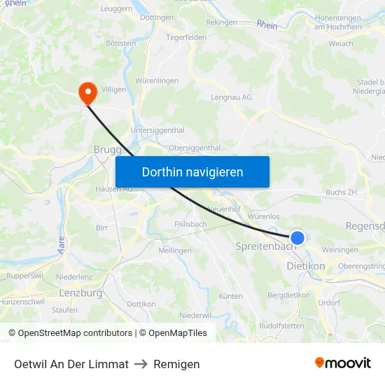Oetwil An Der Limmat to Remigen map