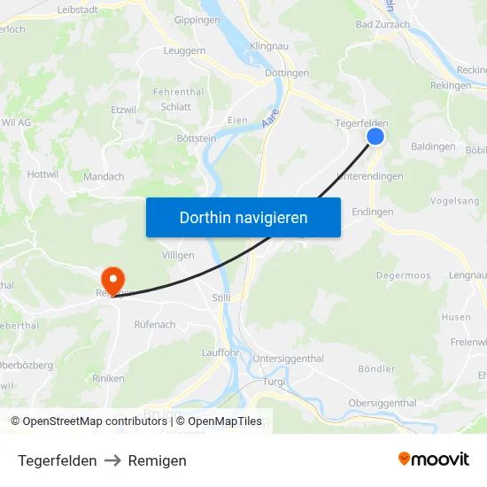 Tegerfelden to Remigen map