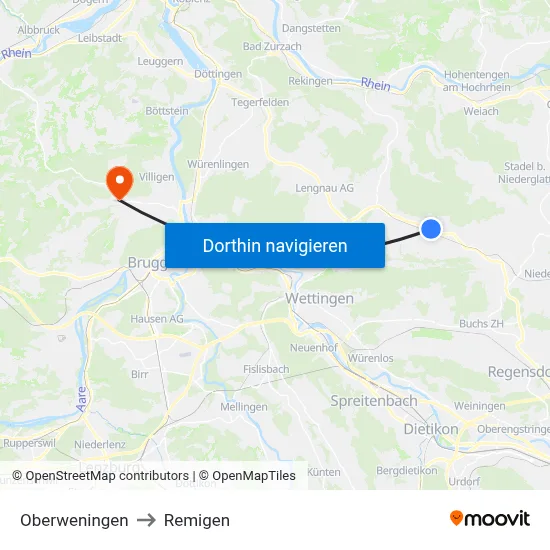 Oberweningen to Remigen map
