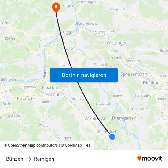 Bünzen to Remigen map