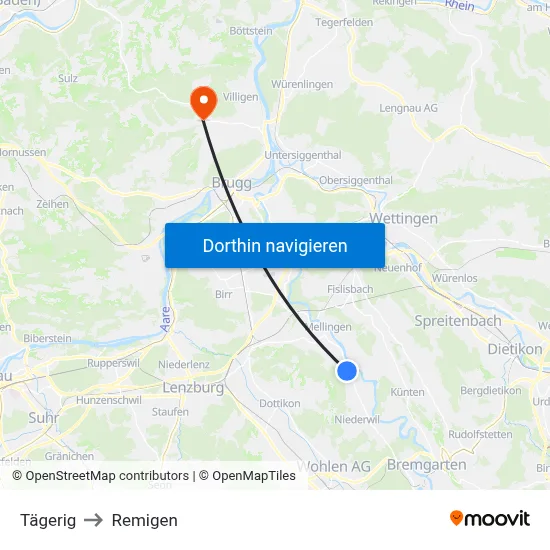 Tägerig to Remigen map