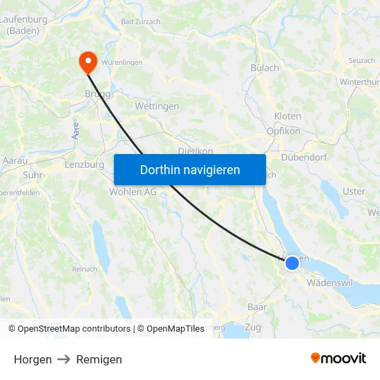 Horgen to Remigen map