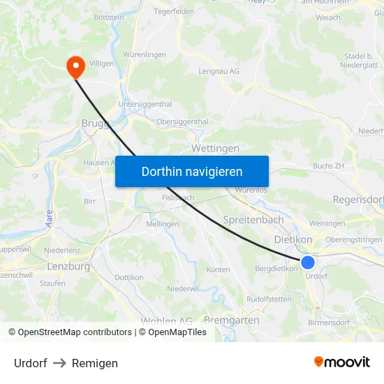 Urdorf to Remigen map