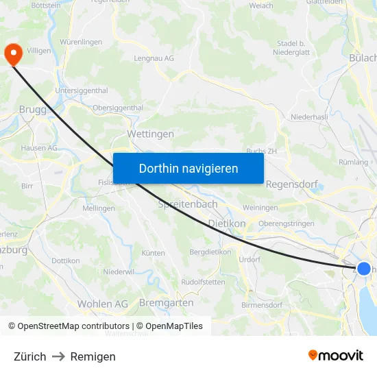 Zürich to Remigen map