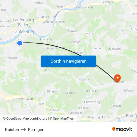 Kaisten to Remigen map