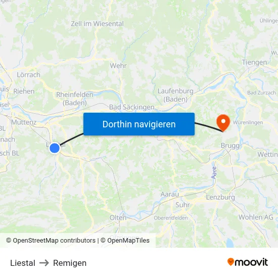 Liestal to Remigen map