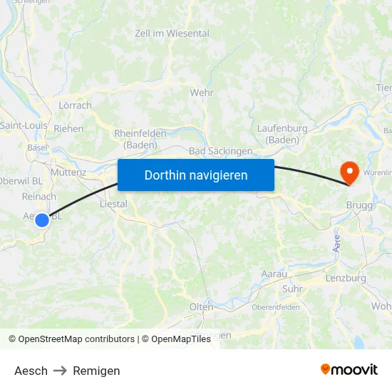 Aesch to Remigen map