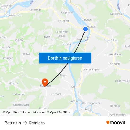 Böttstein to Remigen map