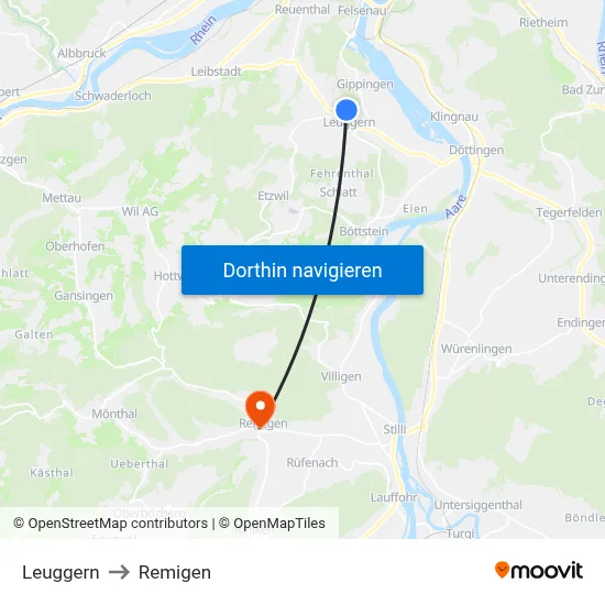 Leuggern to Remigen map