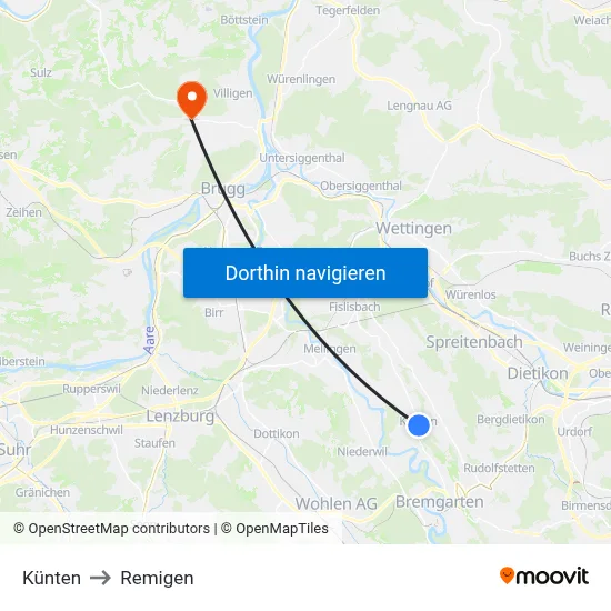 Künten to Remigen map