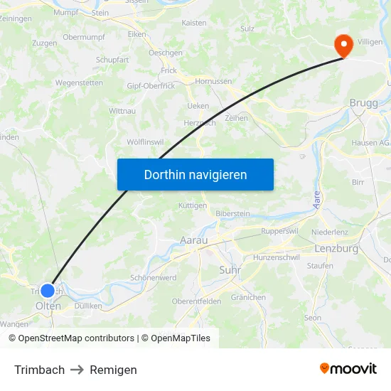 Trimbach to Remigen map