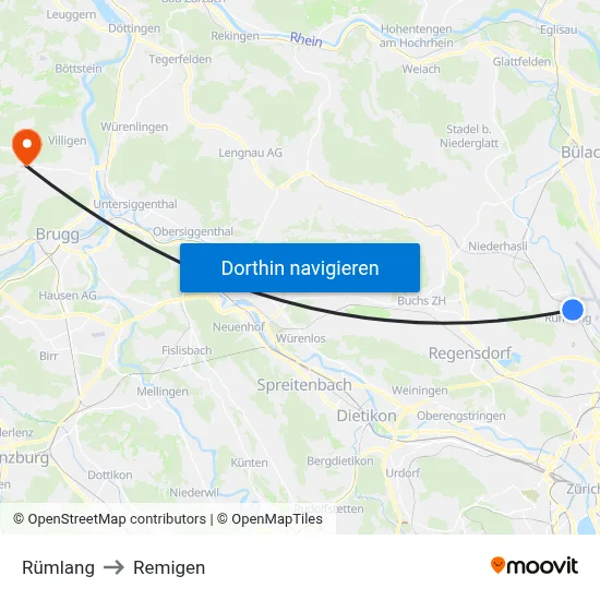Rümlang to Remigen map