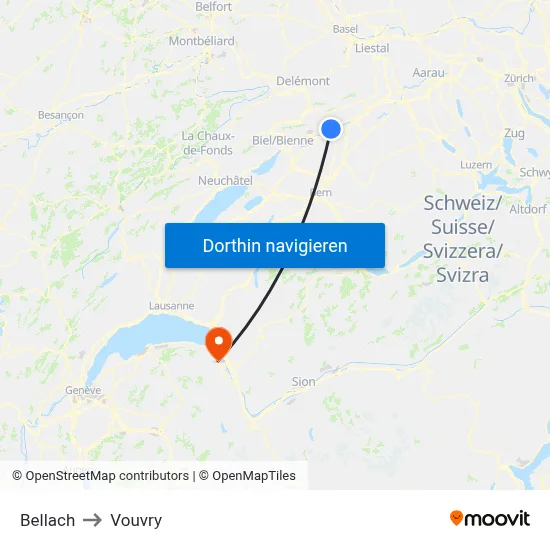 Bellach to Vouvry map