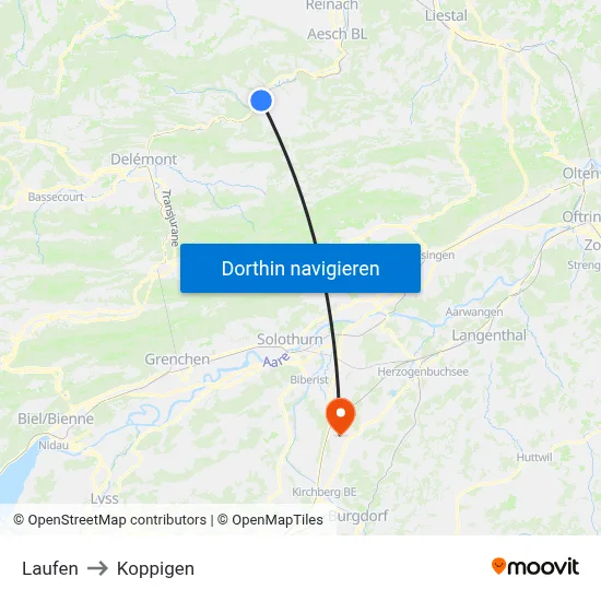 Laufen to Koppigen map