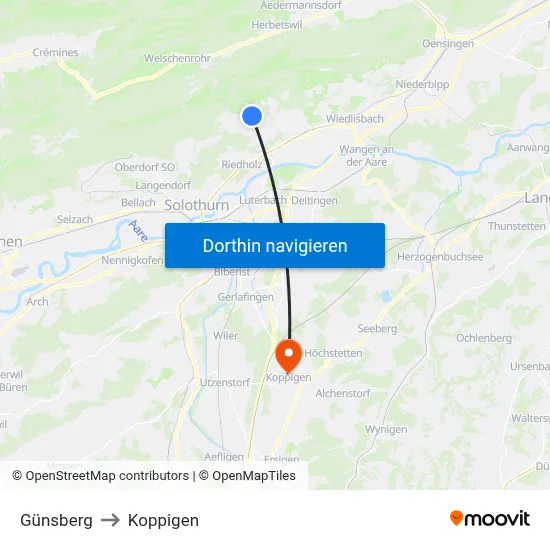Günsberg to Koppigen map