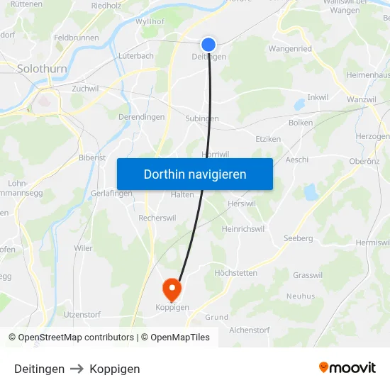 Deitingen to Koppigen map