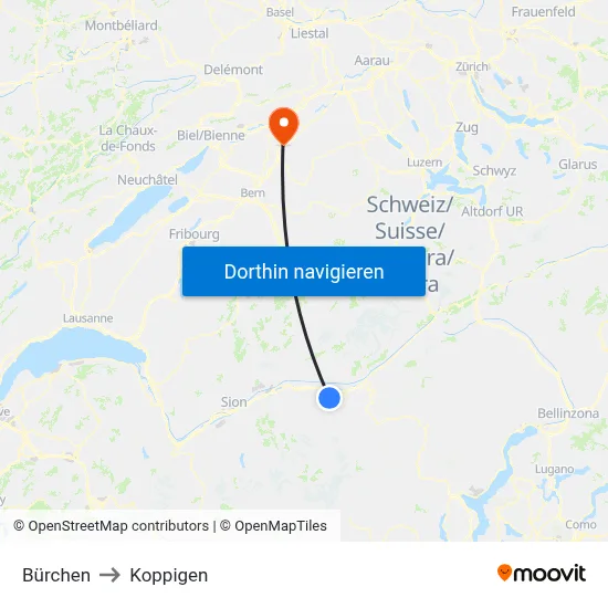 Bürchen to Koppigen map
