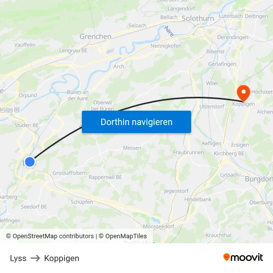 Lyss to Koppigen map