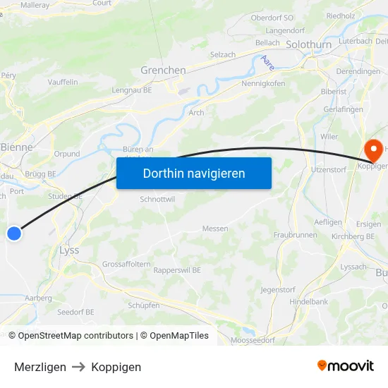 Merzligen to Koppigen map