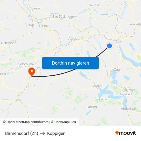 Birmensdorf (Zh) to Koppigen map