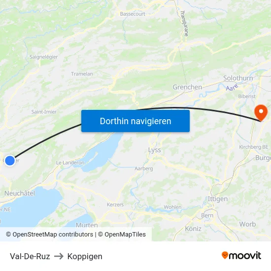 Val-De-Ruz to Koppigen map