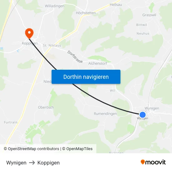 Wynigen to Koppigen map