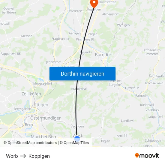 Worb to Koppigen map