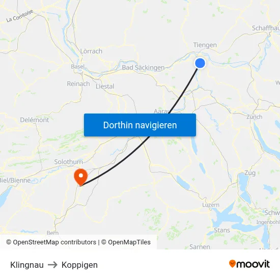 Klingnau to Koppigen map
