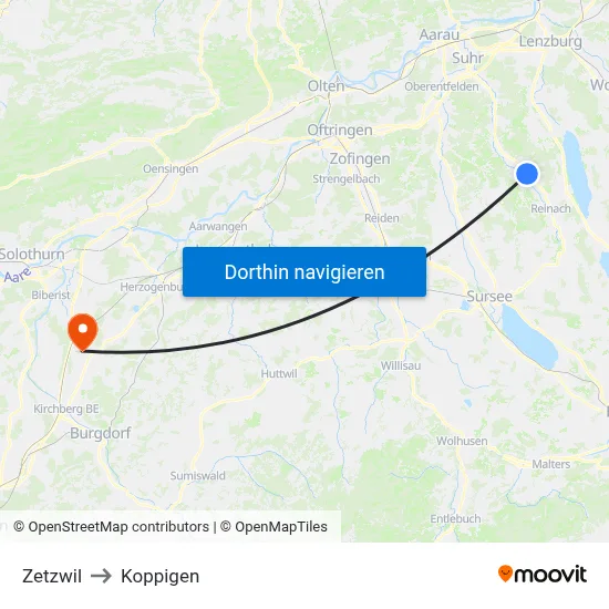 Zetzwil to Koppigen map