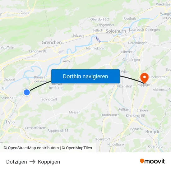 Dotzigen to Koppigen map