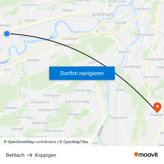 Bettlach to Koppigen map