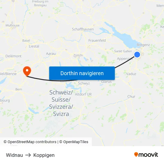 Widnau to Koppigen map