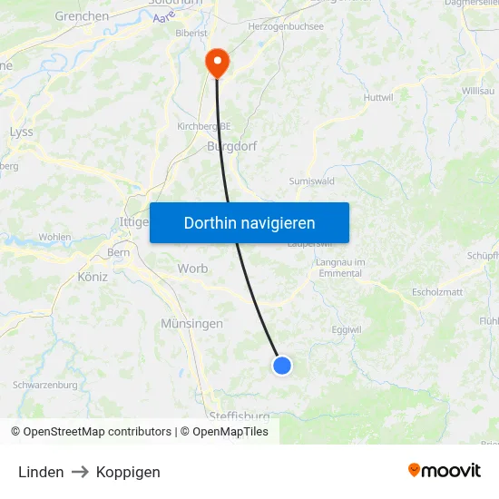 Linden to Koppigen map