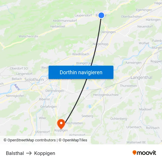 Balsthal to Koppigen map