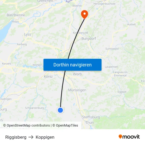 Riggisberg to Koppigen map