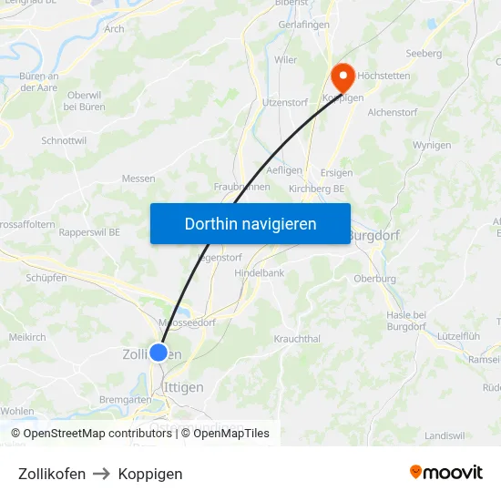 Zollikofen to Koppigen map