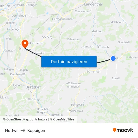Huttwil to Koppigen map