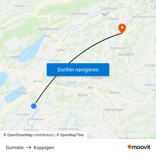 Gurmels to Koppigen map