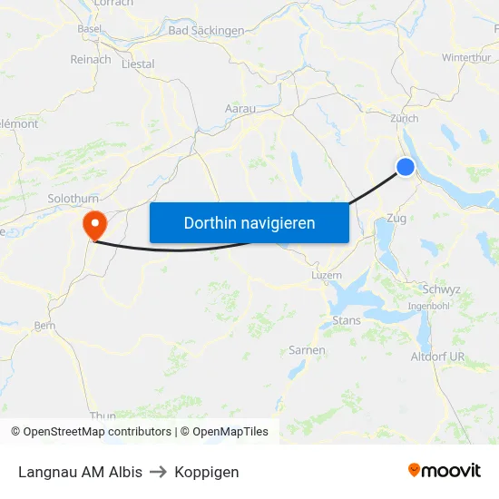 Langnau AM Albis to Koppigen map