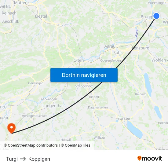 Turgi to Koppigen map
