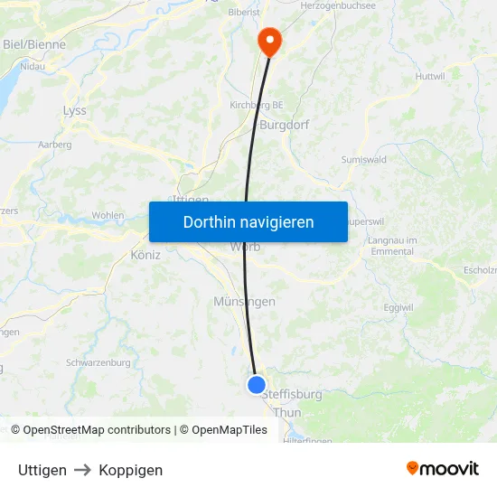 Uttigen to Koppigen map