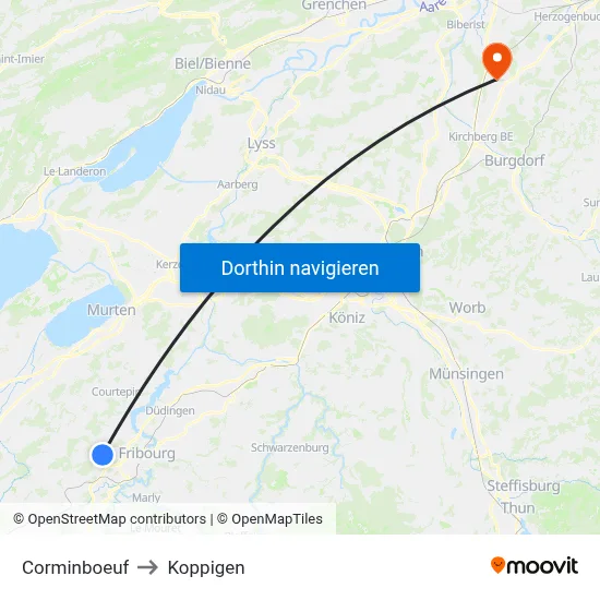 Corminboeuf to Koppigen map