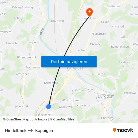 Hindelbank to Koppigen map