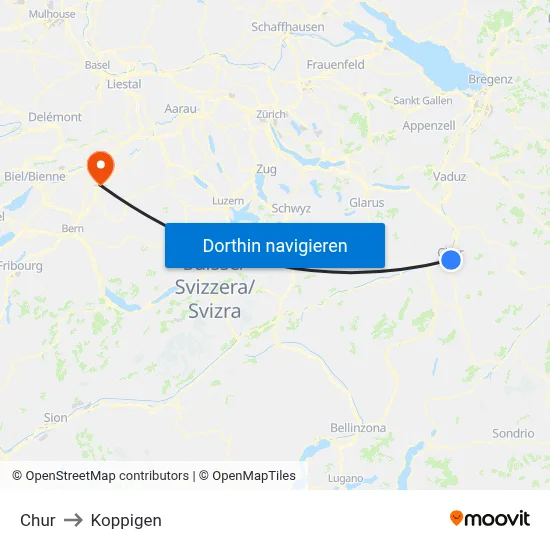 Chur to Koppigen map