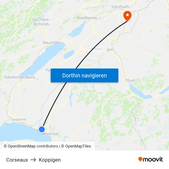 Corseaux to Koppigen map